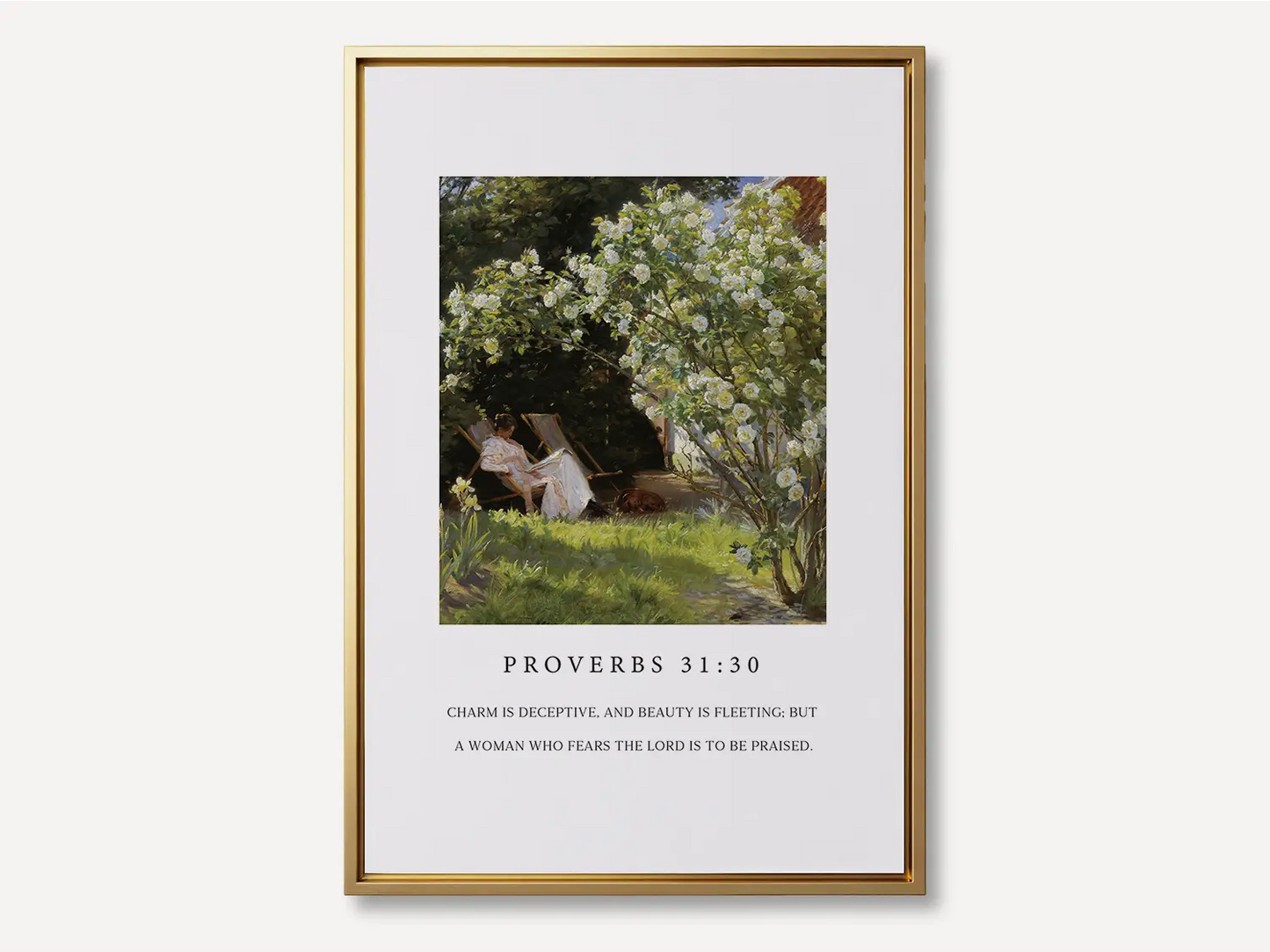 Celebrate inner strength and timeless beauty with this inspiring Christian canvas wall art. This framed canvas print features a peaceful garden scene paired with the profound scripture from Proverbs 31:30 about the enduring praise for a woman who fears the Lord.