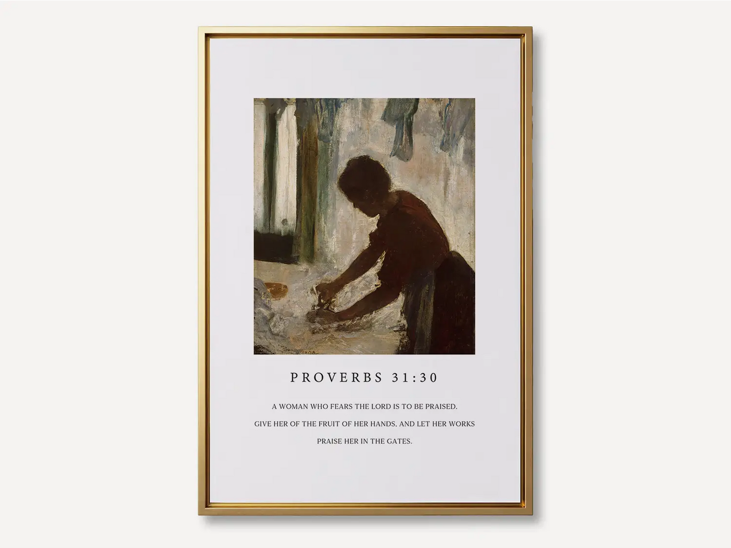 Celebrate the dignity of labor and inner strength with this inspiring Christian canvas wall art. This framed canvas print features a classic painting of a hardworking woman, paired with the powerful scripture from Proverbs 31:30 about giving her the fruit of her hands.
