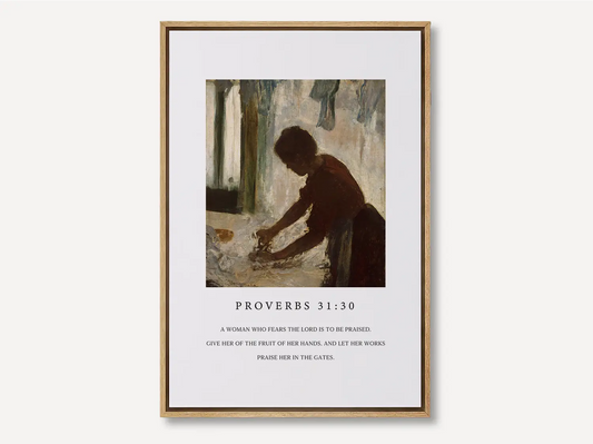 Celebrate the dignity of labor and inner strength with this inspiring Christian canvas wall art. This framed canvas print features a classic painting of a hardworking woman, paired with the powerful scripture from Proverbs 31:30 about giving her the fruit of her hands.