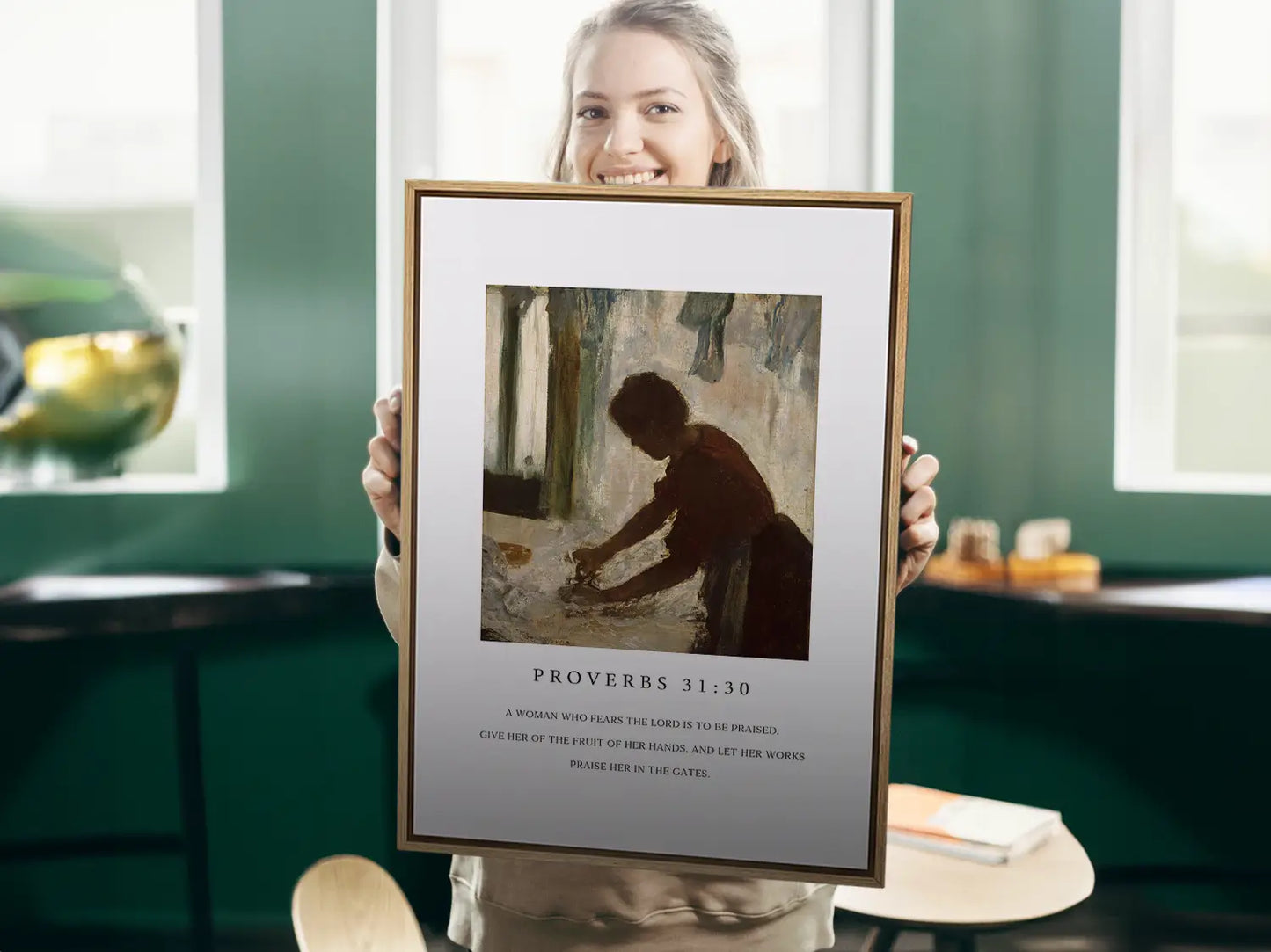 Celebrate the dignity of labor and inner strength with this inspiring Christian canvas wall art. This framed canvas print features a classic painting of a hardworking woman, paired with the powerful scripture from Proverbs 31:30 about giving her the fruit of her hands.
