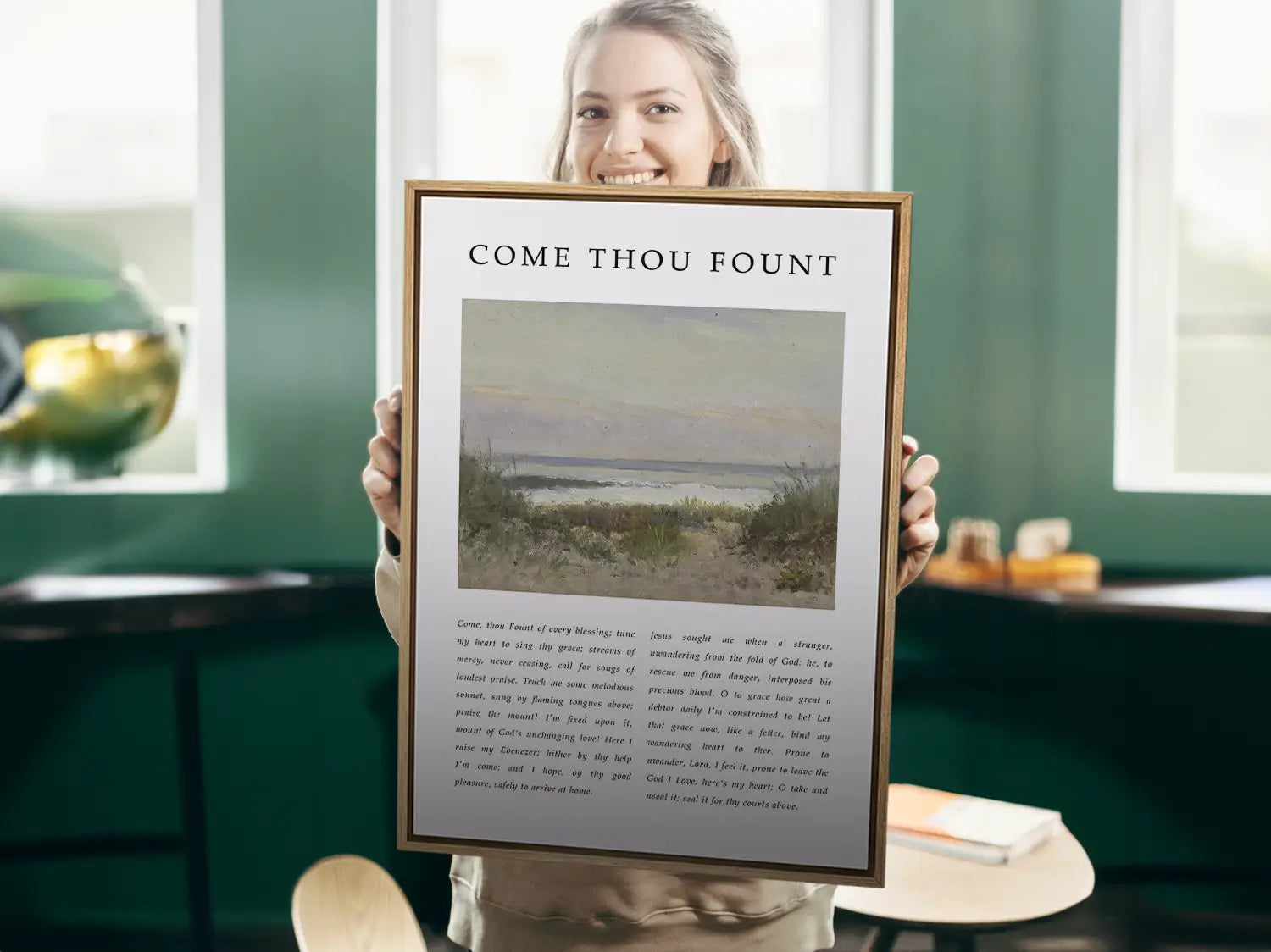 Fill your home with the beautiful melody of faith with this inspiring Christian canvas wall art. This framed canvas print features the heartfelt lyrics of "Come Thou Fount of Every Blessing," paired with a serene coastal painting.