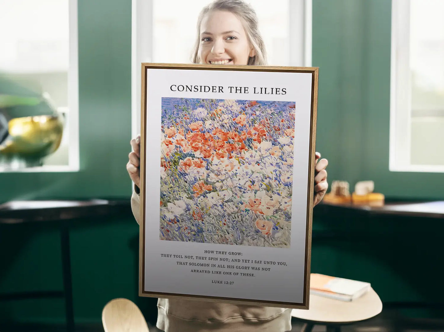 Invite the gentle wisdom of God's perfect provision into your home with this inspiring Christian canvas wall art. This framed canvas print features a vibrant, beautiful flower painting paired with the comforting teaching from Luke 12:27 to trust completely in Divine care.