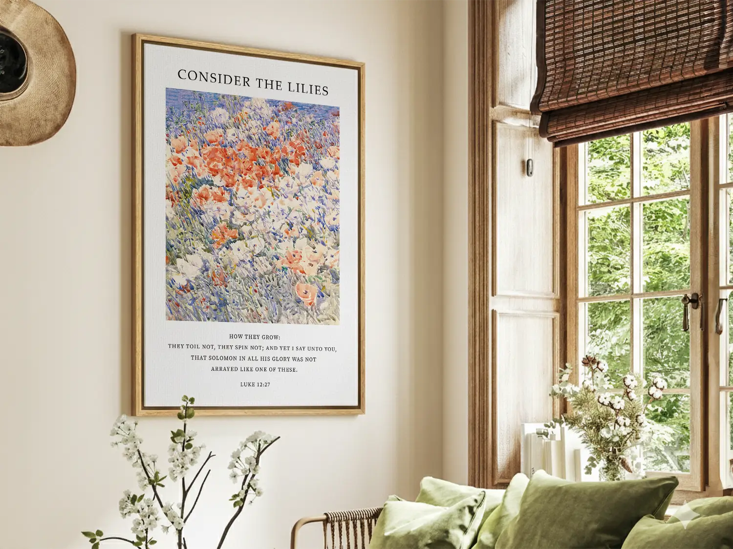 Invite the gentle wisdom of God's perfect provision into your home with this inspiring Christian canvas wall art. This framed canvas print features a vibrant, beautiful flower painting paired with the comforting teaching from Luke 12:27 to trust completely in Divine care.