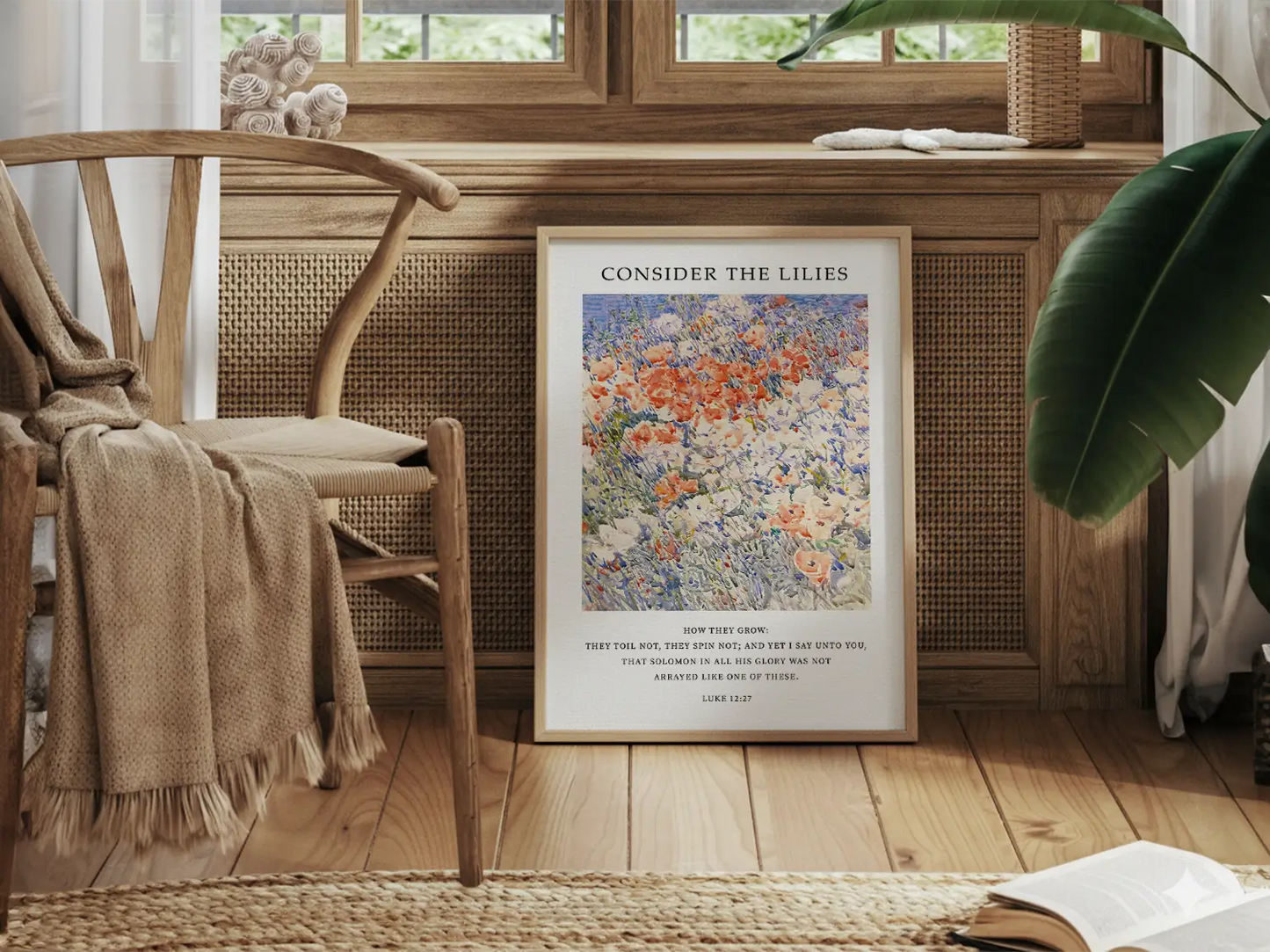 Invite the gentle wisdom of God's perfect provision into your home with this inspiring Christian canvas wall art. This framed canvas print features a vibrant, beautiful flower painting paired with the comforting teaching from Luke 12:27 to trust completely in Divine care.
