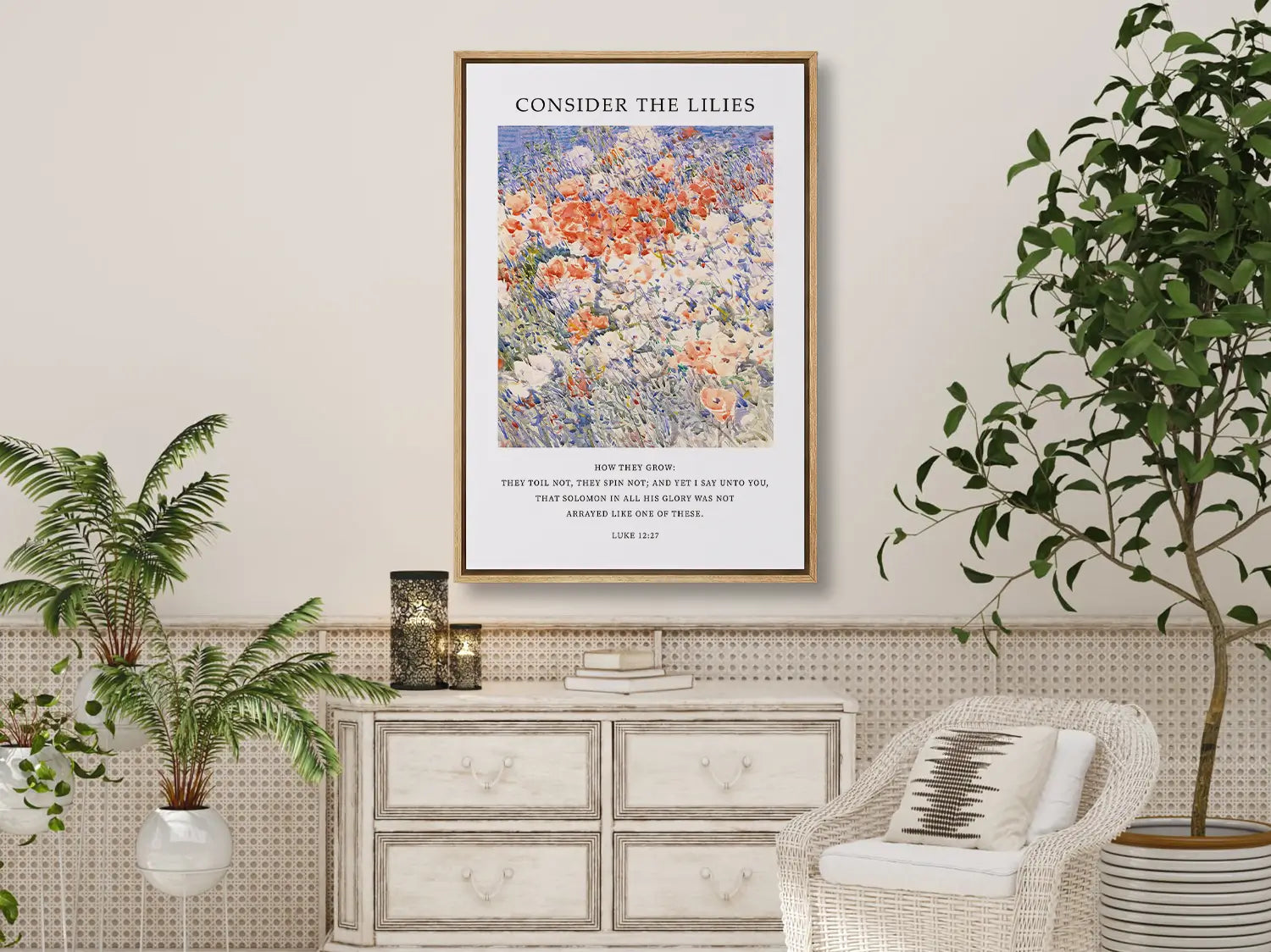 Invite the gentle wisdom of God's perfect provision into your home with this inspiring Christian canvas wall art. This framed canvas print features a vibrant, beautiful flower painting paired with the comforting teaching from Luke 12:27 to trust completely in Divine care.