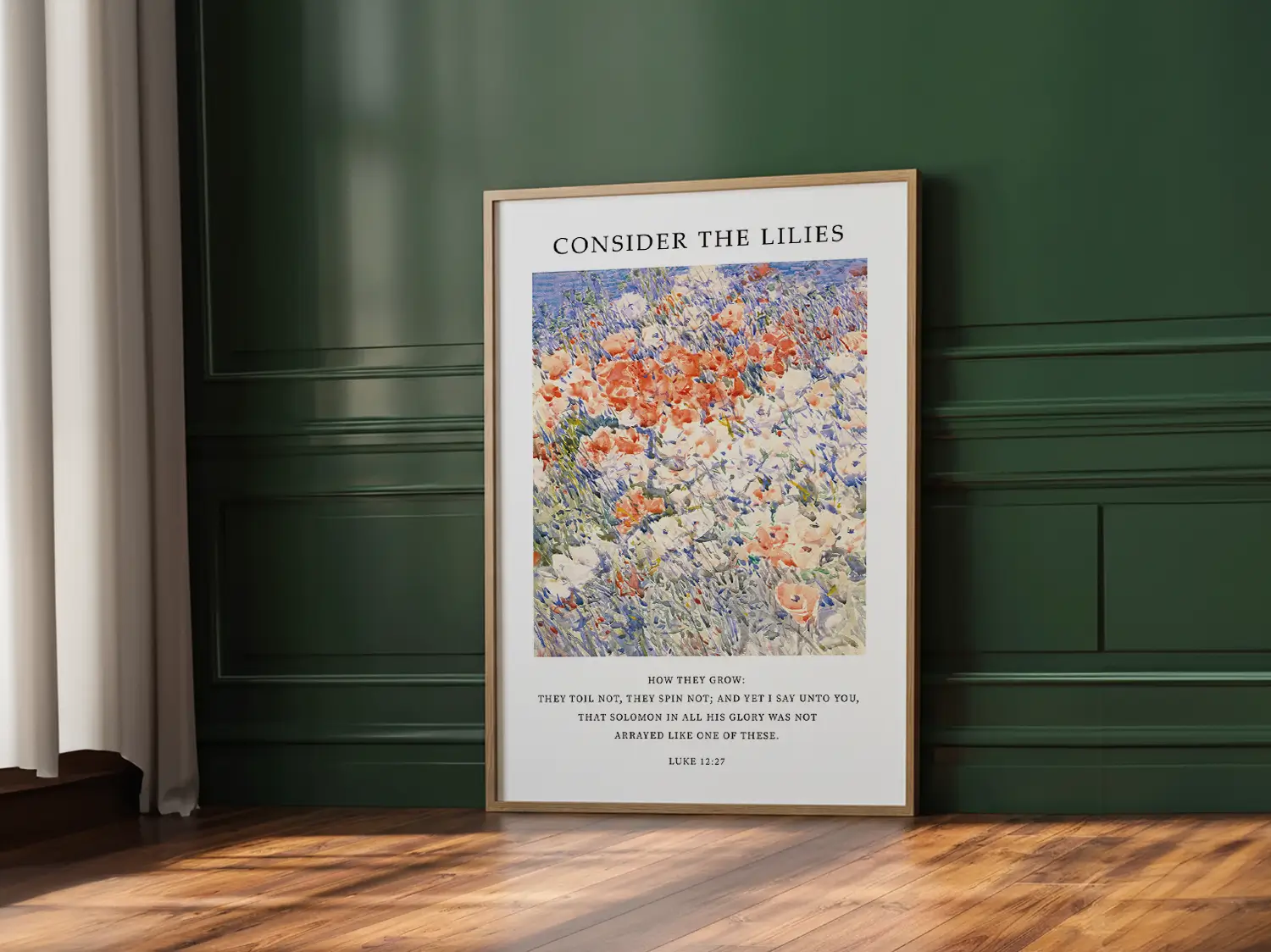 Invite the gentle wisdom of God's perfect provision into your home with this inspiring Christian canvas wall art. This framed canvas print features a vibrant, beautiful flower painting paired with the comforting teaching from Luke 12:27 to trust completely in Divine care.