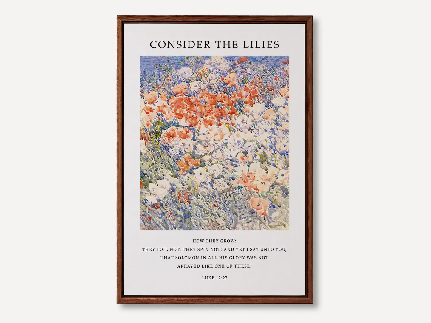 Invite the gentle wisdom of God's perfect provision into your home with this inspiring Christian canvas wall art. This framed canvas print features a vibrant, beautiful flower painting paired with the comforting teaching from Luke 12:27 to trust completely in Divine care.