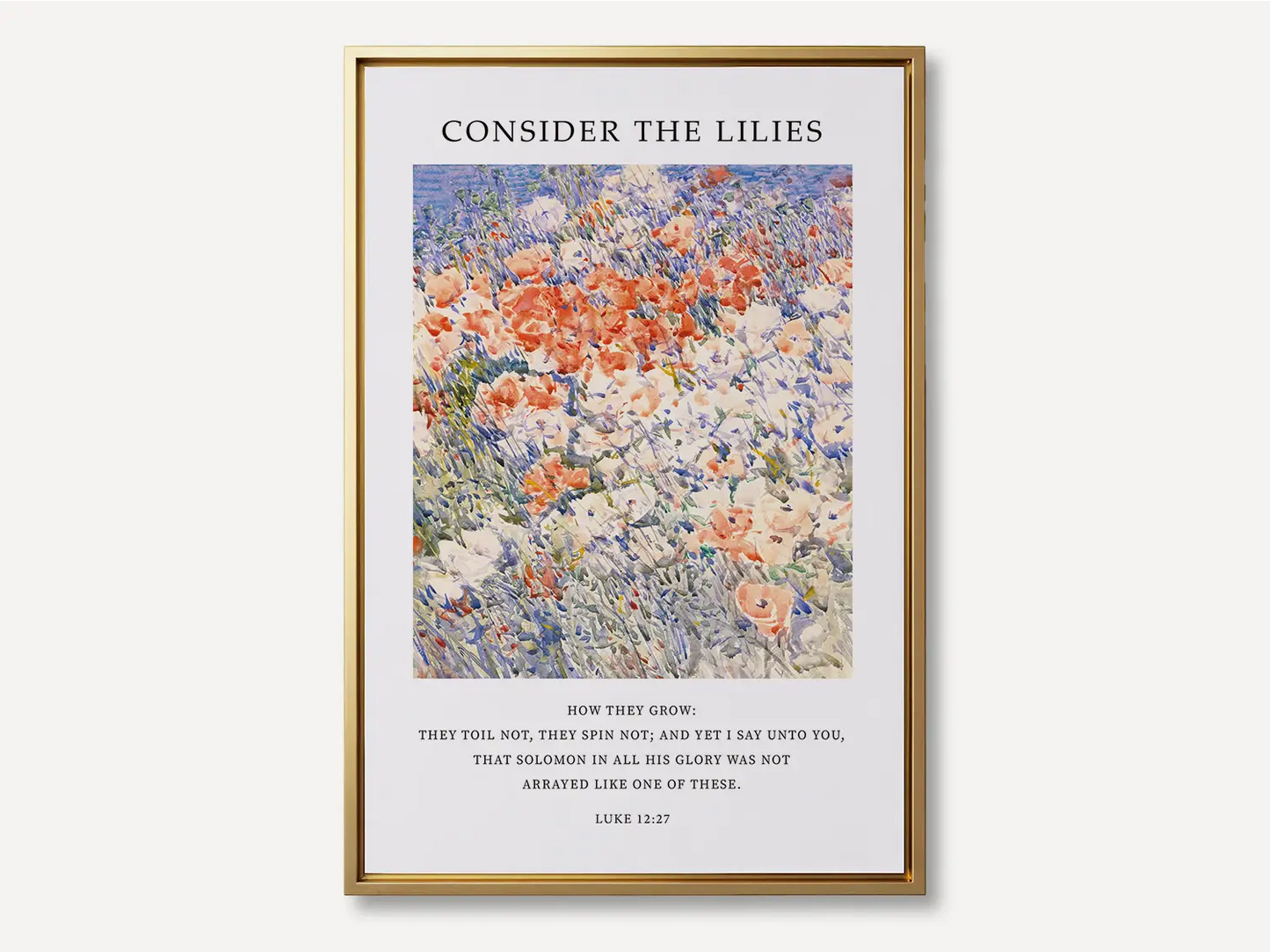 Invite the gentle wisdom of God's perfect provision into your home with this inspiring Christian canvas wall art. This framed canvas print features a vibrant, beautiful flower painting paired with the comforting teaching from Luke 12:27 to trust completely in Divine care.