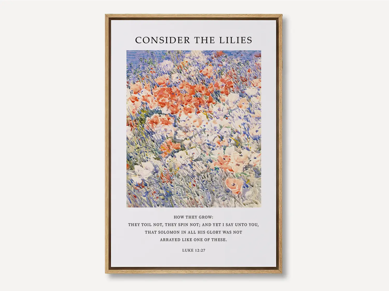 Invite the gentle wisdom of God's perfect provision into your home with this inspiring Christian canvas wall art. This framed canvas print features a vibrant, beautiful flower painting paired with the comforting teaching from Luke 12:27 to trust completely in Divine care.