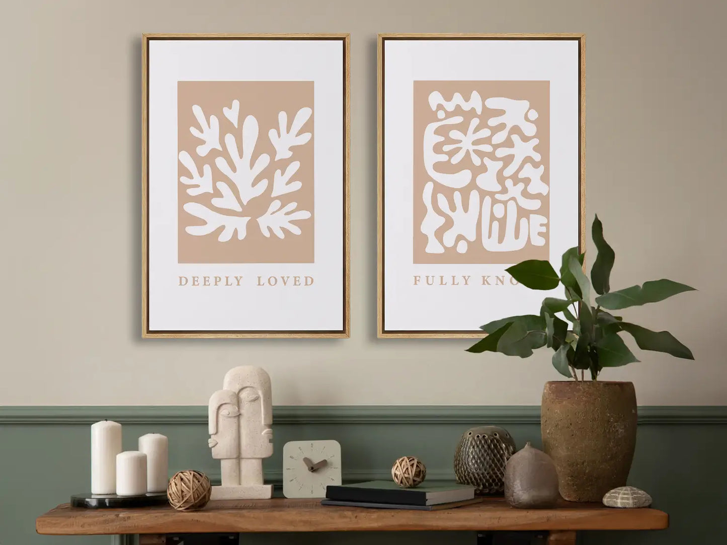 Decorate with faith and style using this inspiring, modern Christian wall art set. This collection of two framed abstract prints features a contemporary design and the comforting truth that you are Deeply Loved & Fully Known by God.