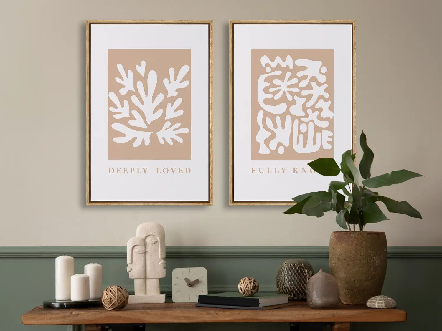 Decorate with faith and style using this inspiring, modern Christian wall art set. This collection of two framed abstract prints features a contemporary design and the comforting truth that you are Deeply Loved & Fully Known by God.