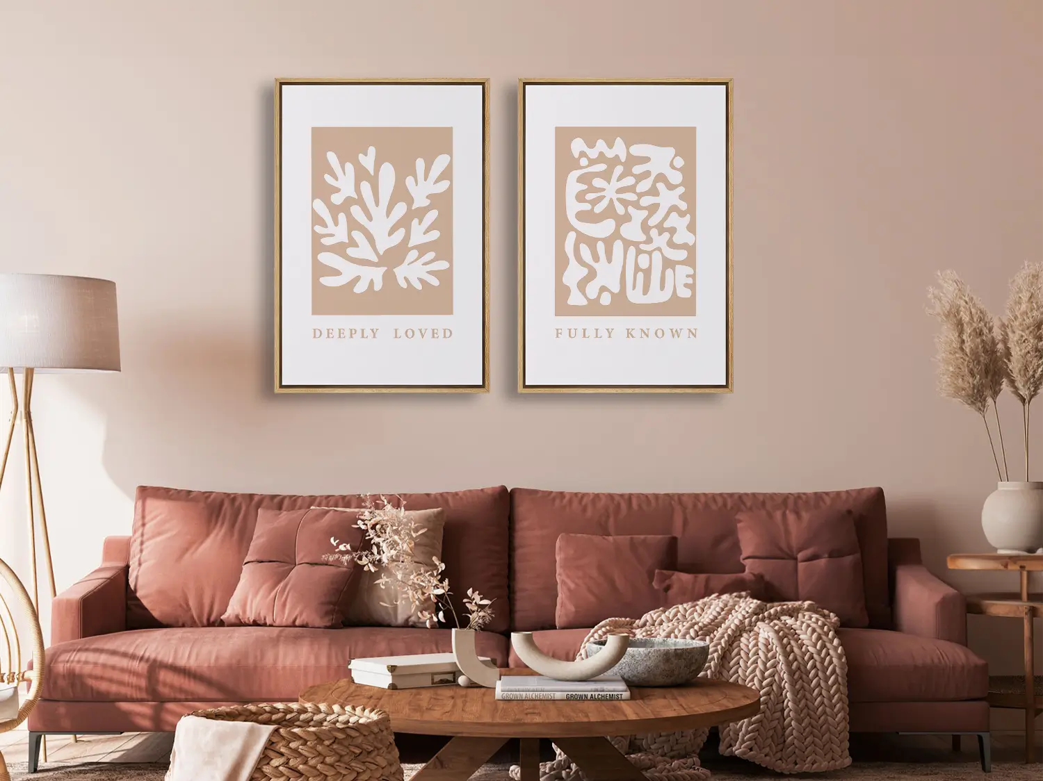 Decorate with faith and style using this inspiring, modern Christian wall art set. This collection of two framed abstract prints features a contemporary design and the comforting truth that you are Deeply Loved & Fully Known by God.