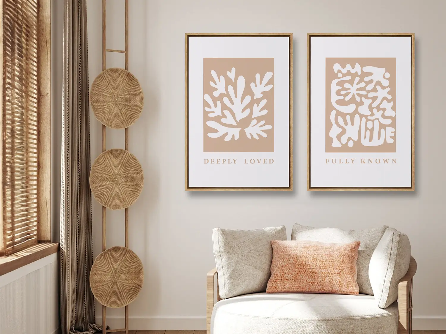 Decorate with faith and style using this inspiring, modern Christian wall art set. This collection of two framed abstract prints features a contemporary design and the comforting truth that you are Deeply Loved & Fully Known by God.