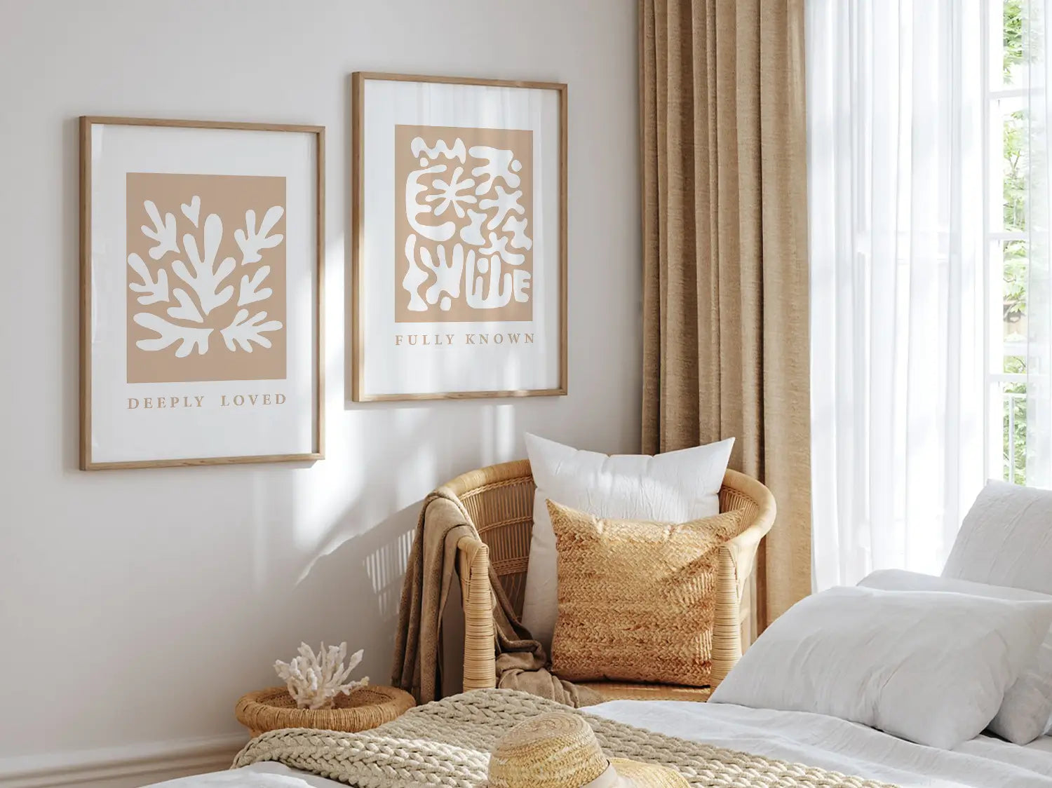 Decorate with faith and style using this inspiring, modern Christian wall art set. This collection of two framed abstract prints features a contemporary design and the comforting truth that you are Deeply Loved & Fully Known by God.