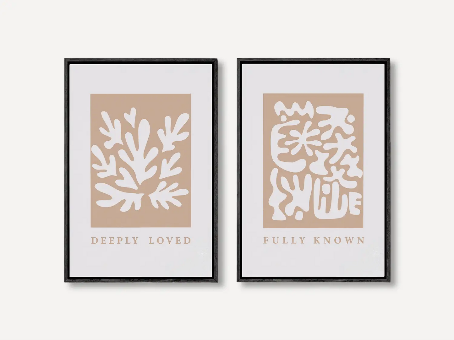 Decorate with faith and style using this inspiring, modern Christian wall art set. This collection of two framed abstract prints features a contemporary design and the comforting truth that you are Deeply Loved & Fully Known by God.