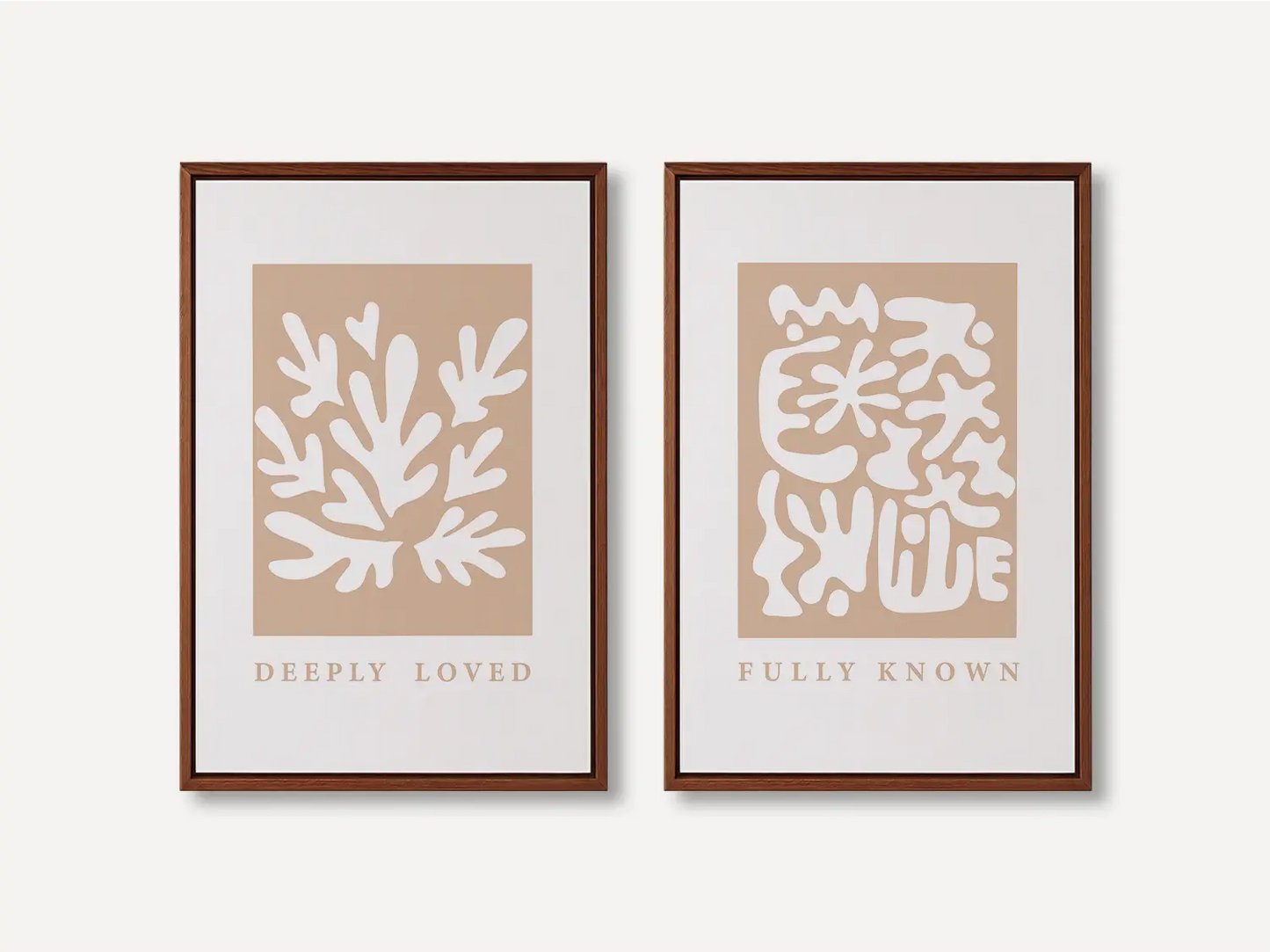 Decorate with faith and style using this inspiring, modern Christian wall art set. This collection of two framed abstract prints features a contemporary design and the comforting truth that you are Deeply Loved & Fully Known by God.