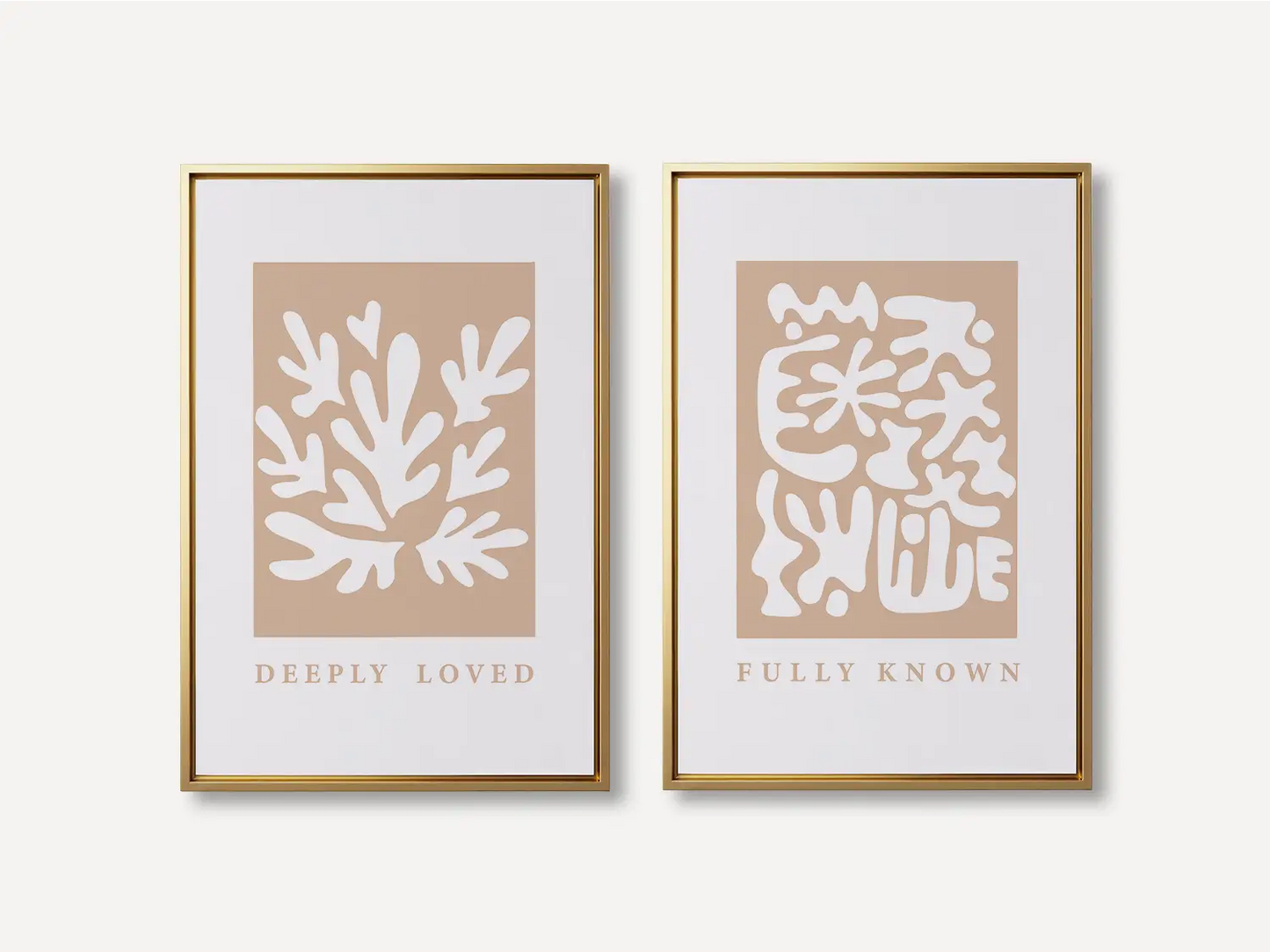 Decorate with faith and style using this inspiring, modern Christian wall art set. This collection of two framed abstract prints features a contemporary design and the comforting truth that you are Deeply Loved & Fully Known by God.