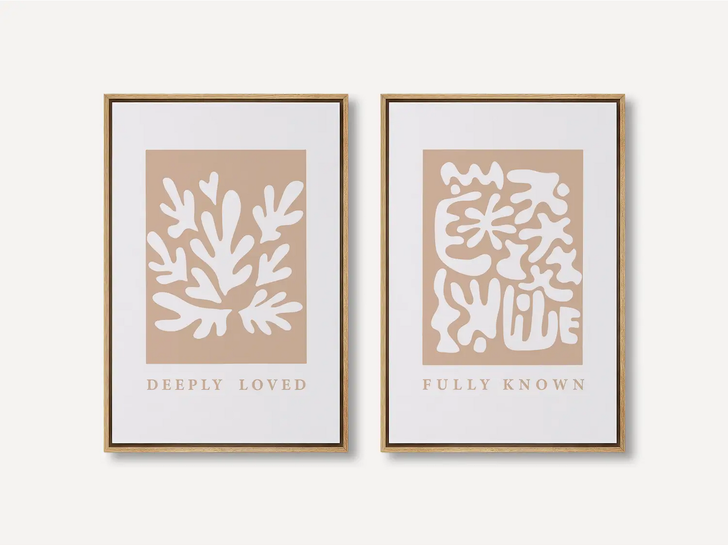 Decorate with faith and style using this inspiring, modern Christian wall art set. This collection of two framed abstract prints features a contemporary design and the comforting truth that you are Deeply Loved & Fully Known by God.