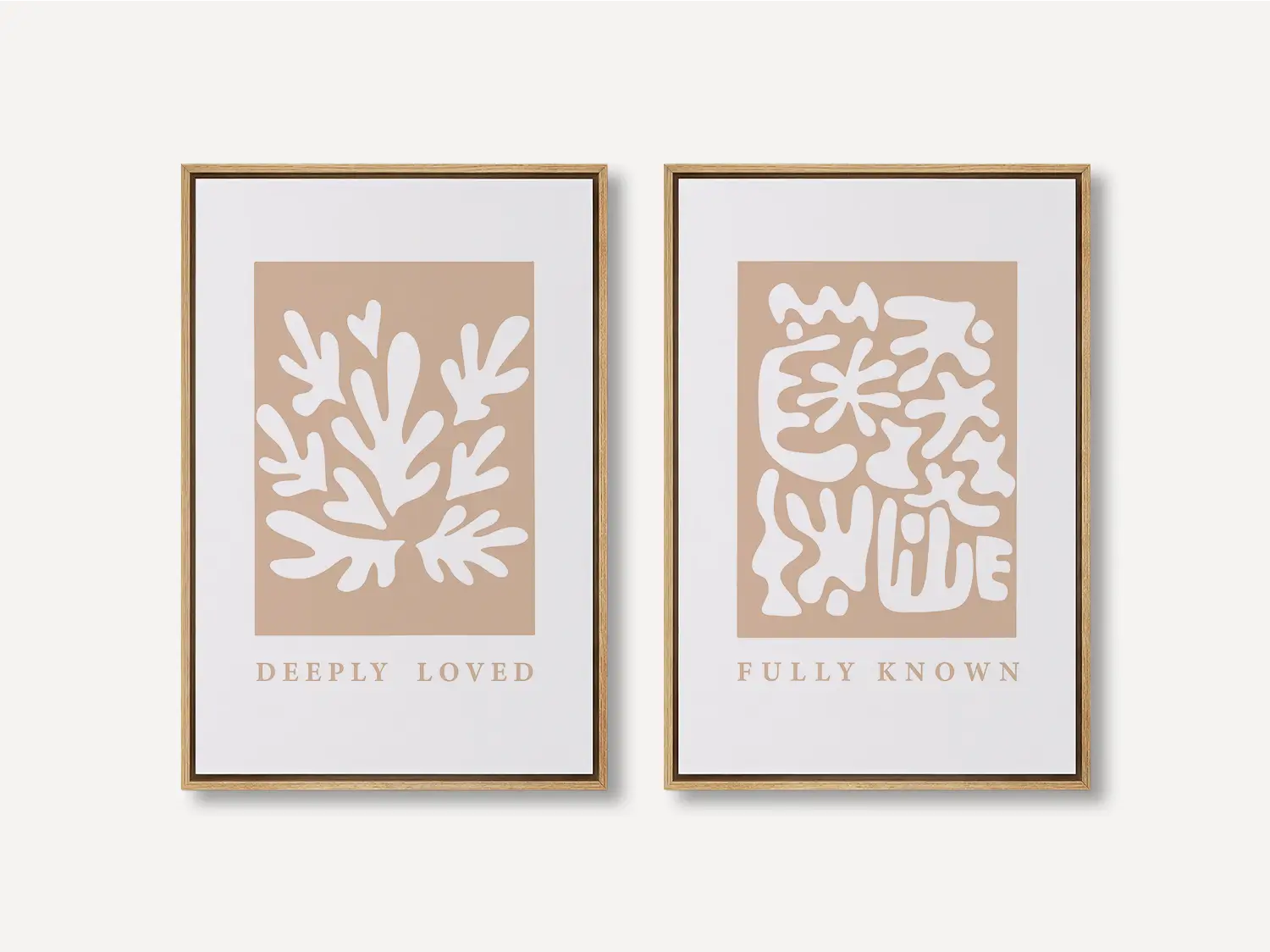 Decorate with faith and style using this inspiring, modern Christian wall art set. This collection of two framed abstract prints features a contemporary design and the comforting truth that you are Deeply Loved & Fully Known by God.