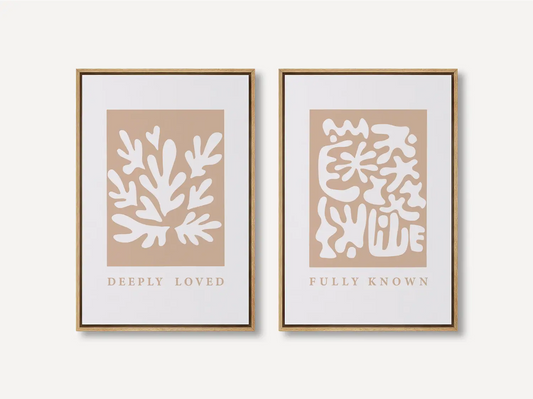 Decorate with faith and style using this inspiring, modern Christian wall art set. This collection of two framed abstract prints features a contemporary design and the comforting truth that you are Deeply Loved & Fully Known by God.