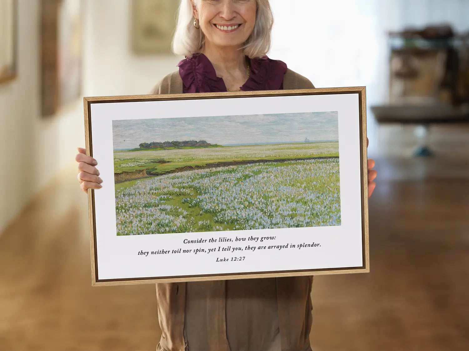 Invite the gentle reminder of God's perfect care into your home with this inspiring Christian wall art. This framed print features a beautiful field painting paired with the comforting teaching from Luke 12:27: "Consider the lilies, how they grow..."