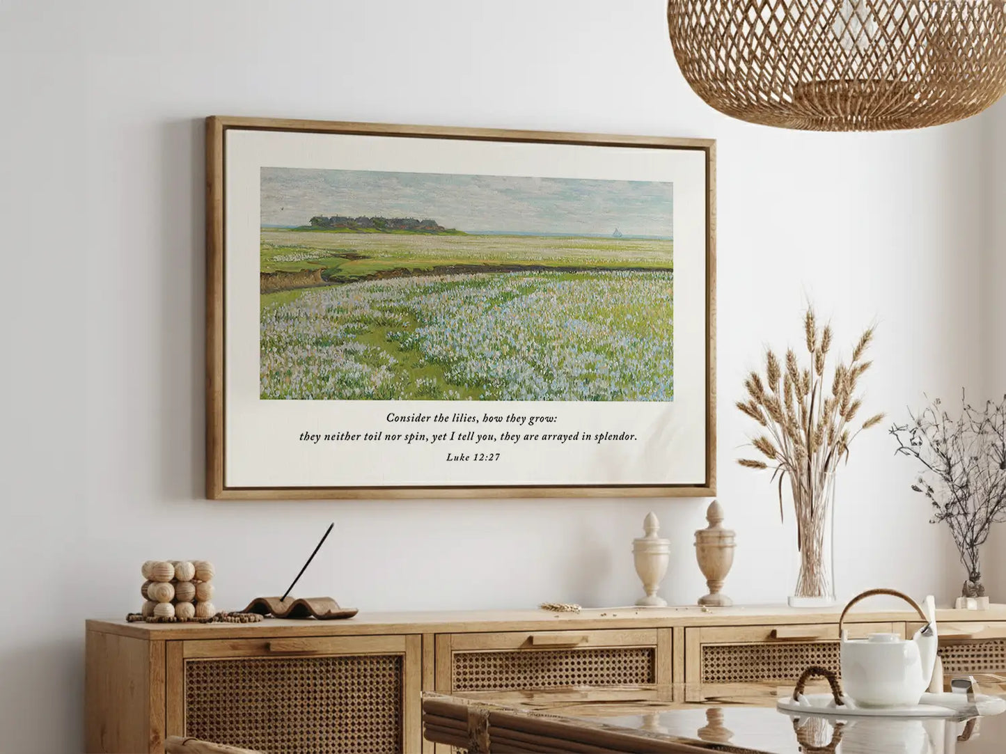 Invite the gentle reminder of God's perfect care into your home with this inspiring Christian wall art. This framed print features a beautiful field painting paired with the comforting teaching from Luke 12:27: "Consider the lilies, how they grow..."