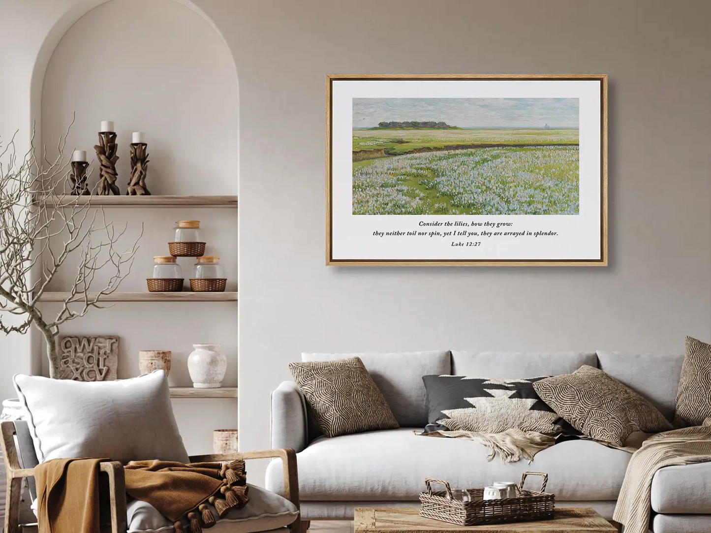 Invite the gentle reminder of God's perfect care into your home with this inspiring Christian wall art. This framed print features a beautiful field painting paired with the comforting teaching from Luke 12:27: "Consider the lilies, how they grow..."