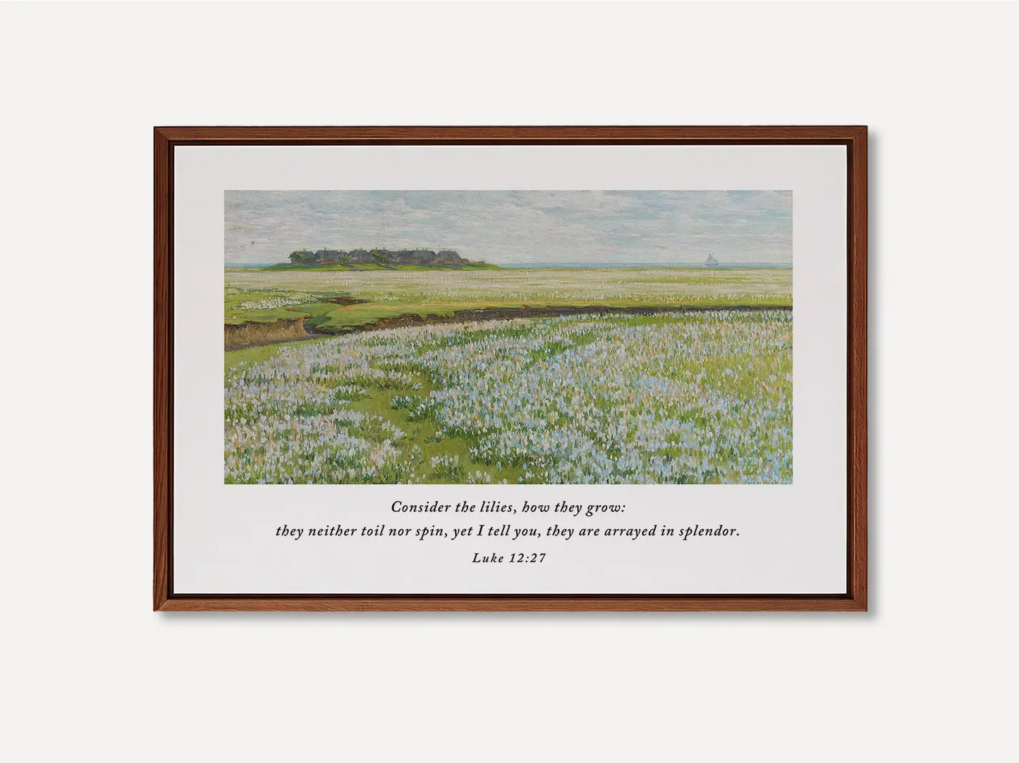 Invite the gentle reminder of God's perfect care into your home with this inspiring Christian wall art. This framed print features a beautiful field painting paired with the comforting teaching from Luke 12:27: "Consider the lilies, how they grow..."