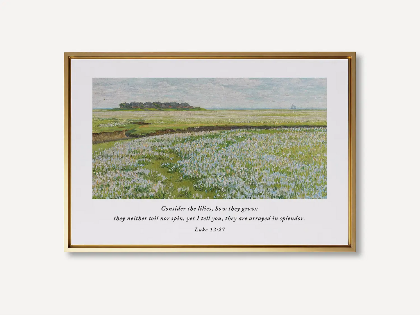 Invite the gentle reminder of God's perfect care into your home with this inspiring Christian wall art. This framed print features a beautiful field painting paired with the comforting teaching from Luke 12:27: "Consider the lilies, how they grow..."
