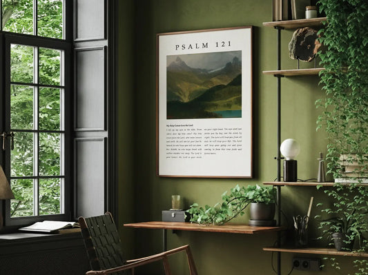 Anchor your home in the assurance of God's unwavering watchfulness with this inspiring Christian canvas wall art. This framed canvas print features a majestic mountain landscape and the complete, foundational text of Psalm 121.