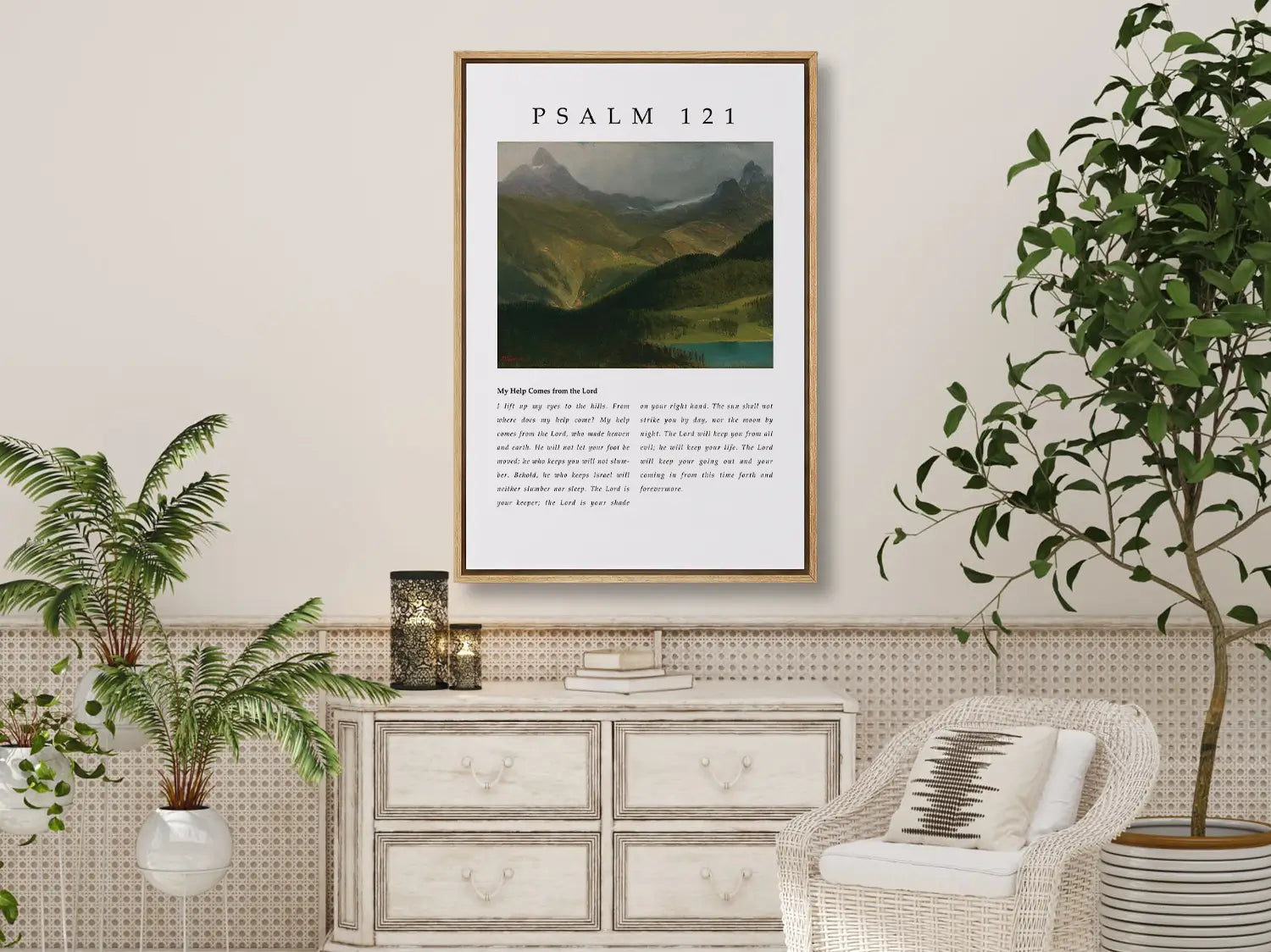 Anchor your home in the assurance of God's unwavering watchfulness with this inspiring Christian canvas wall art. This framed canvas print features a majestic mountain landscape and the complete, foundational text of Psalm 121.