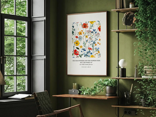 Anchor your hope in unchanging truth with this inspiring Christian canvas wall art. This framed canvas print features a vibrant watercolor floral design paired with the powerful promise from Isaiah 40:8: "The word of our God will stand forever."