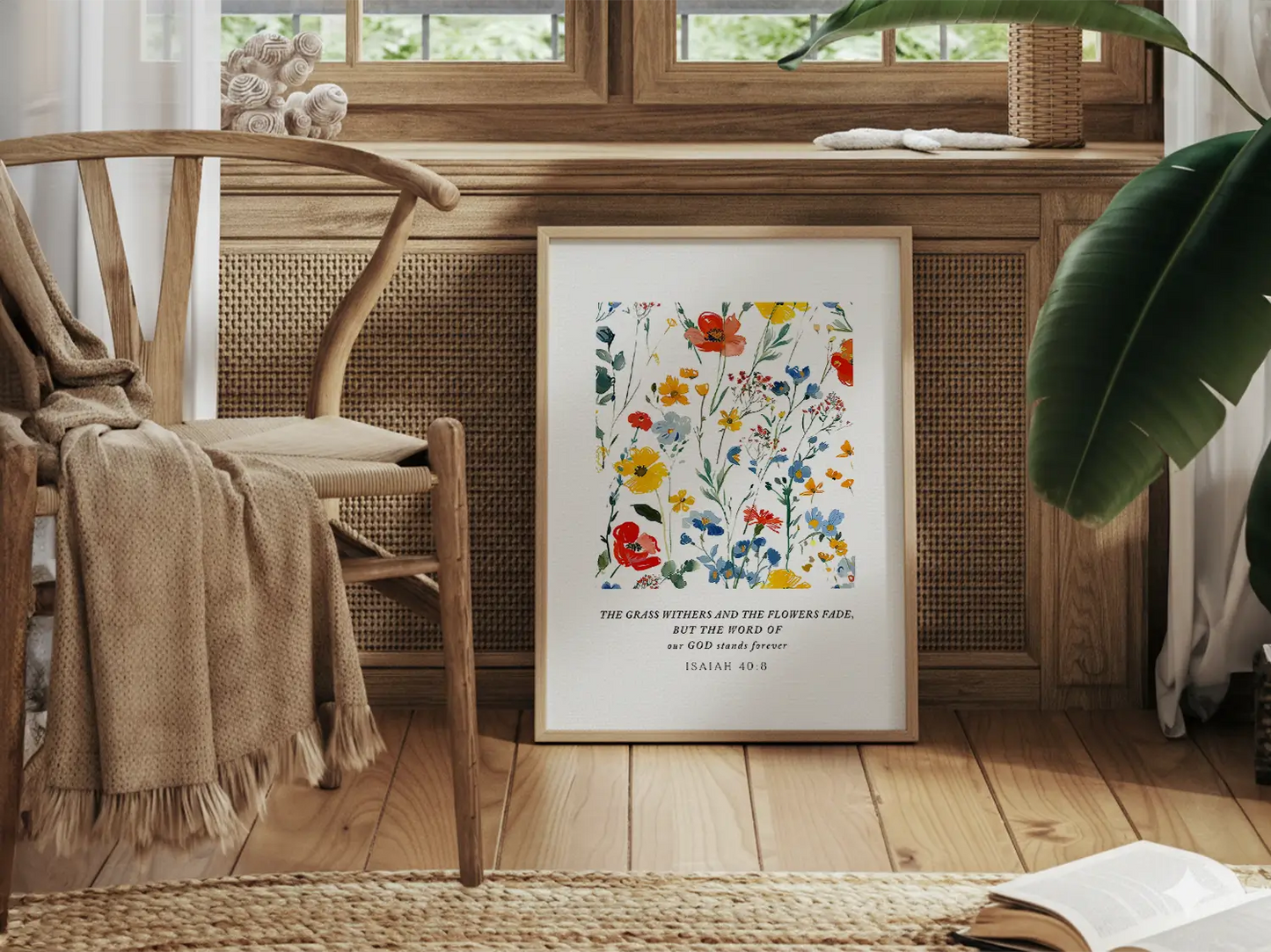 Anchor your hope in unchanging truth with this inspiring Christian canvas wall art. This framed canvas print features a vibrant watercolor floral design paired with the powerful promise from Isaiah 40:8: "The word of our God will stand forever."