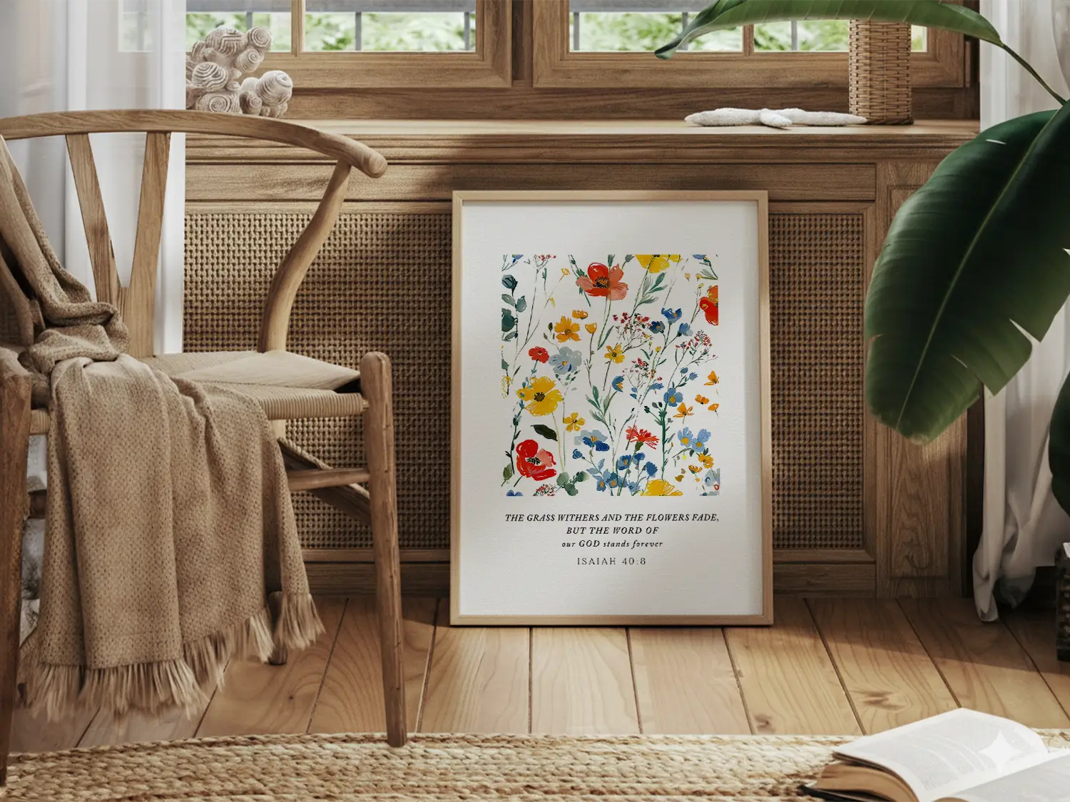 Anchor your hope in unchanging truth with this inspiring Christian canvas wall art. This framed canvas print features a vibrant watercolor floral design paired with the powerful promise from Isaiah 40:8: "The word of our God will stand forever."