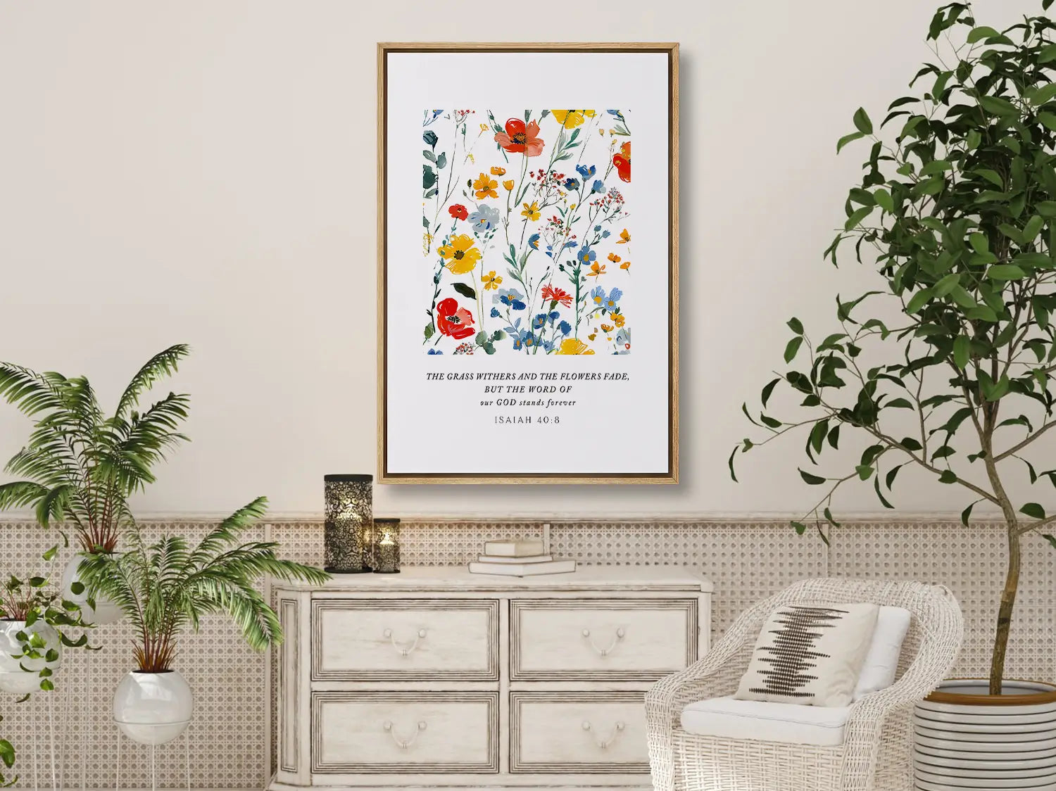 Anchor your hope in unchanging truth with this inspiring Christian canvas wall art. This framed canvas print features a vibrant watercolor floral design paired with the powerful promise from Isaiah 40:8: "The word of our God will stand forever."