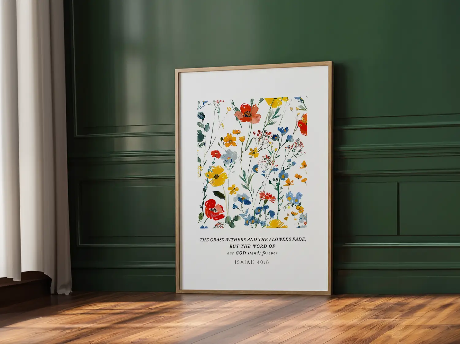 Anchor your hope in unchanging truth with this inspiring Christian canvas wall art. This framed canvas print features a vibrant watercolor floral design paired with the powerful promise from Isaiah 40:8: "The word of our God will stand forever."