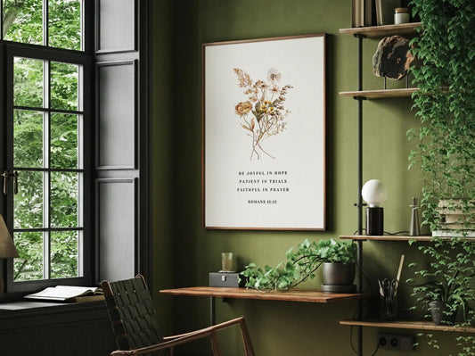Anchor your heart in hope and resilience with this inspiring Christian canvas wall art. This framed canvas print features a beautiful pressed floral illustration paired with the powerful encouragement from Romans 12:12 to be joyful, patient, and faithful.