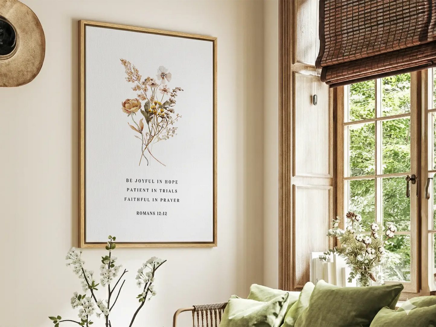 Anchor your heart in hope and resilience with this inspiring Christian canvas wall art. This framed canvas print features a beautiful pressed floral illustration paired with the powerful encouragement from Romans 12:12 to be joyful, patient, and faithful.