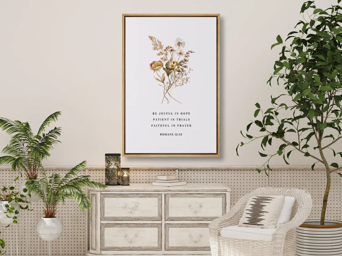 Anchor your heart in hope and resilience with this inspiring Christian canvas wall art. This framed canvas print features a beautiful pressed floral illustration paired with the powerful encouragement from Romans 12:12 to be joyful, patient, and faithful.