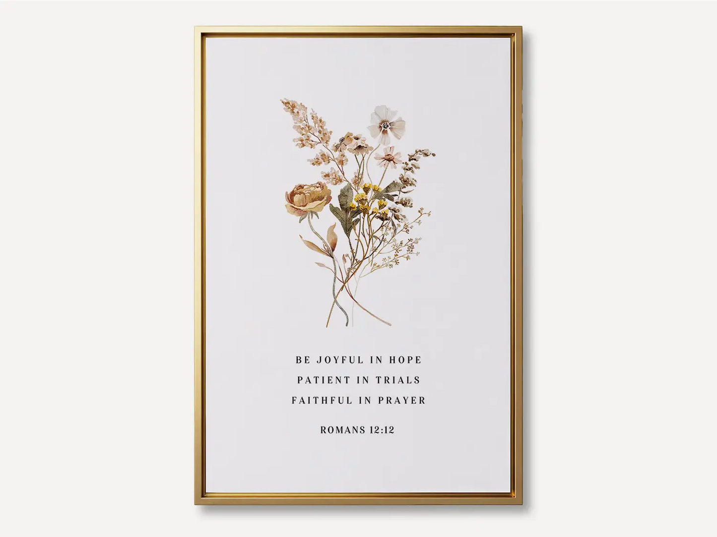 Anchor your heart in hope and resilience with this inspiring Christian canvas wall art. This framed canvas print features a beautiful pressed floral illustration paired with the powerful encouragement from Romans 12:12 to be joyful, patient, and faithful.