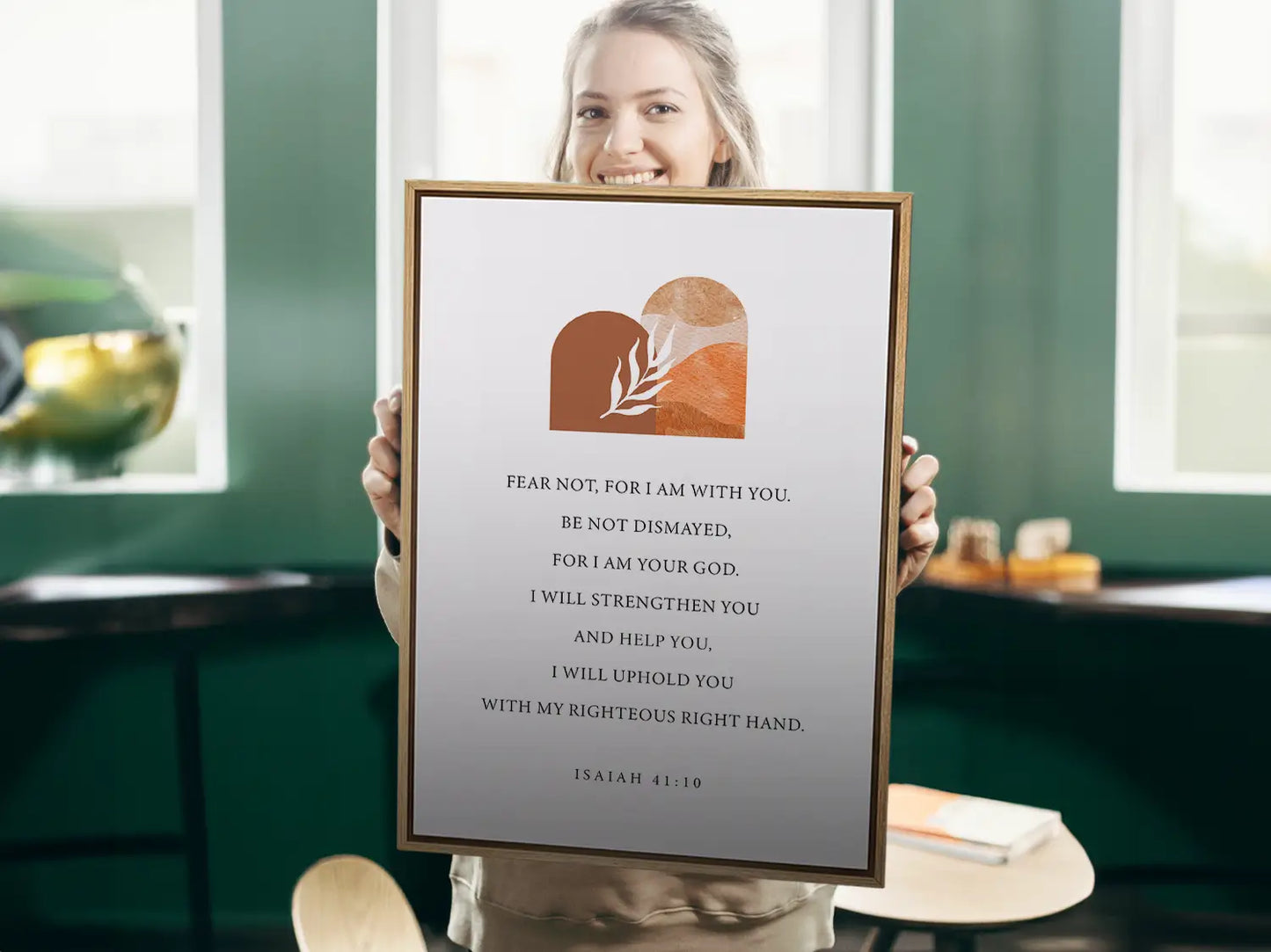 Anchor your heart in courage and strength with this inspiring Christian canvas wall art. This framed canvas print features a modern, abstract design with warm earth tones, highlighting the powerful promise from Isaiah 41:10 to Fear Not.