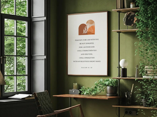 Anchor your heart in courage and strength with this inspiring Christian canvas wall art. This framed canvas print features a modern, abstract design with warm earth tones, highlighting the powerful promise from Isaiah 41:10 to Fear Not.