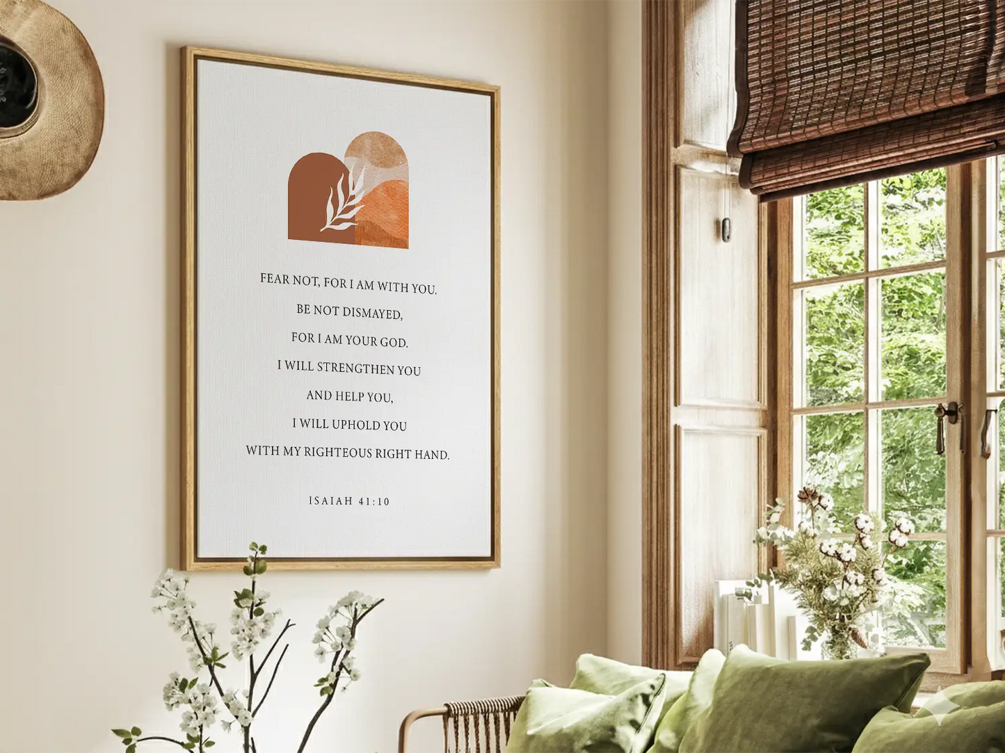Anchor your heart in courage and strength with this inspiring Christian canvas wall art. This framed canvas print features a modern, abstract design with warm earth tones, highlighting the powerful promise from Isaiah 41:10 to Fear Not.