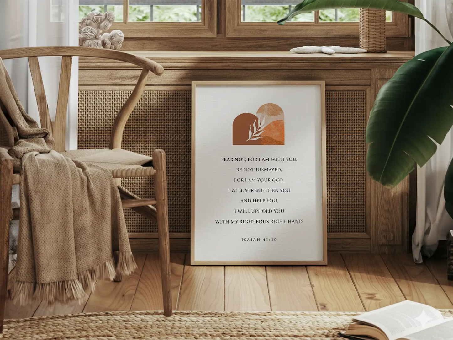 Anchor your heart in courage and strength with this inspiring Christian canvas wall art. This framed canvas print features a modern, abstract design with warm earth tones, highlighting the powerful promise from Isaiah 41:10 to Fear Not.