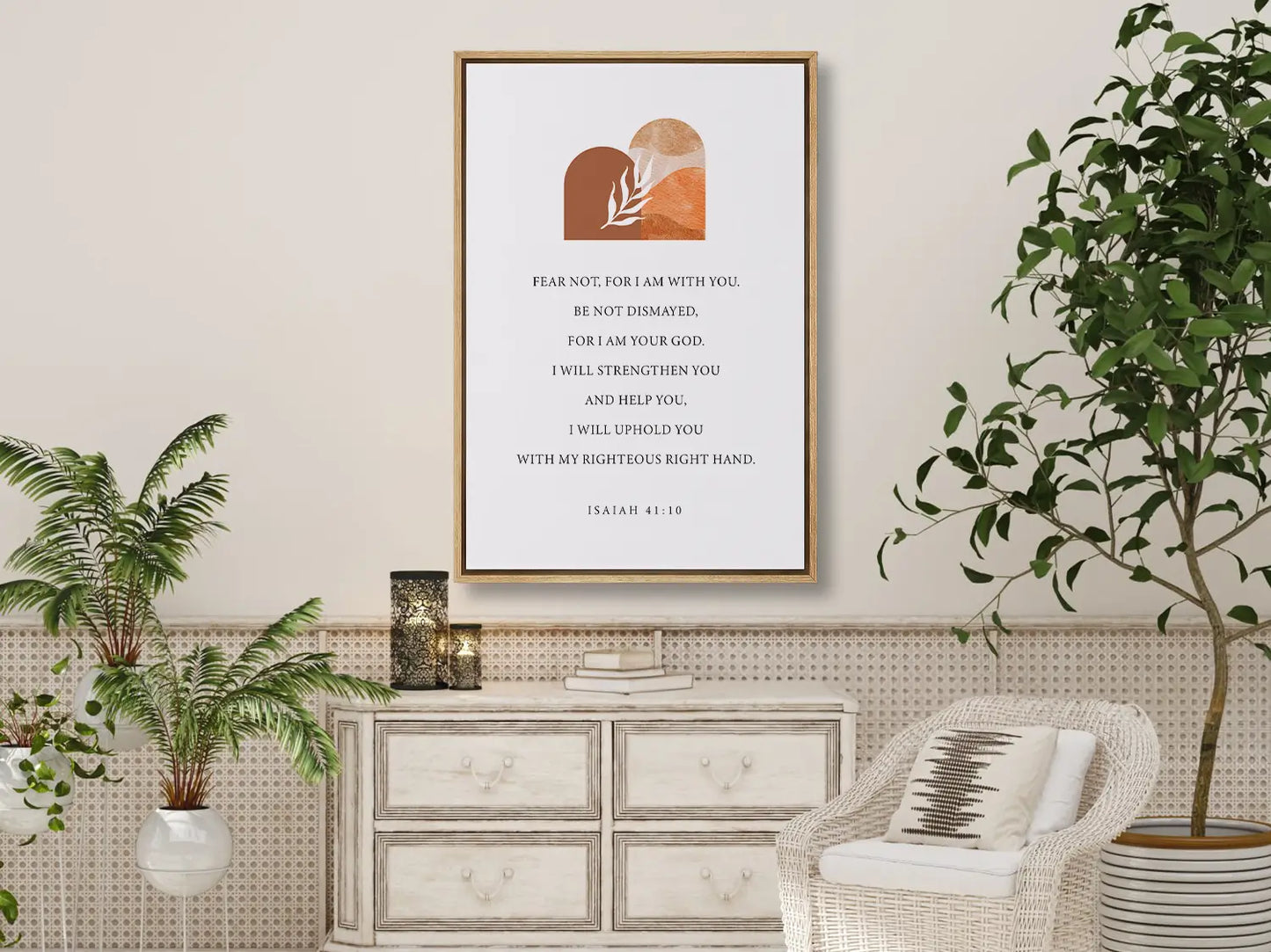 Anchor your heart in courage and strength with this inspiring Christian canvas wall art. This framed canvas print features a modern, abstract design with warm earth tones, highlighting the powerful promise from Isaiah 41:10 to Fear Not.