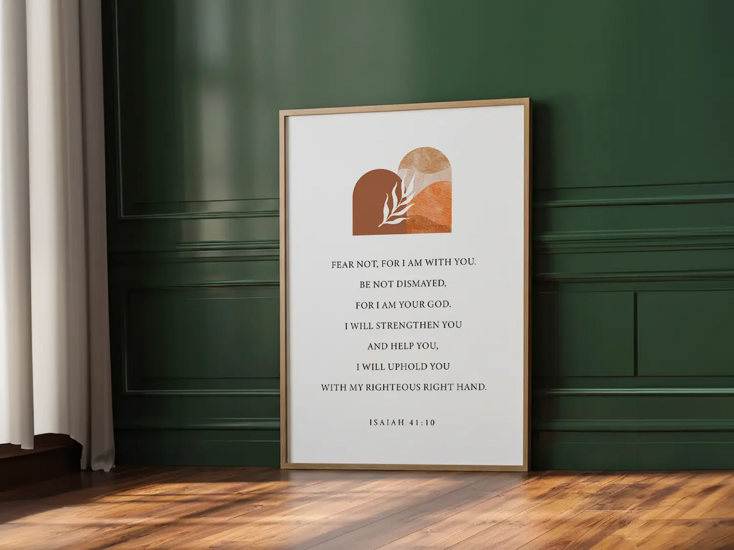 Anchor your heart in courage and strength with this inspiring Christian canvas wall art. This framed canvas print features a modern, abstract design with warm earth tones, highlighting the powerful promise from Isaiah 41:10 to Fear Not.