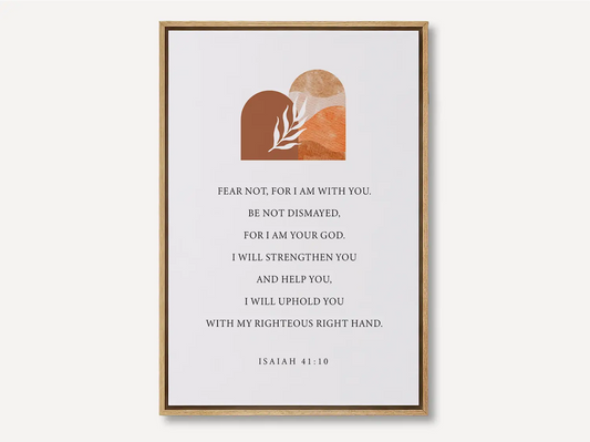 Anchor your heart in courage and strength with this inspiring Christian canvas wall art. This framed canvas print features a modern, abstract design with warm earth tones, highlighting the powerful promise from Isaiah 41:10 to Fear Not.