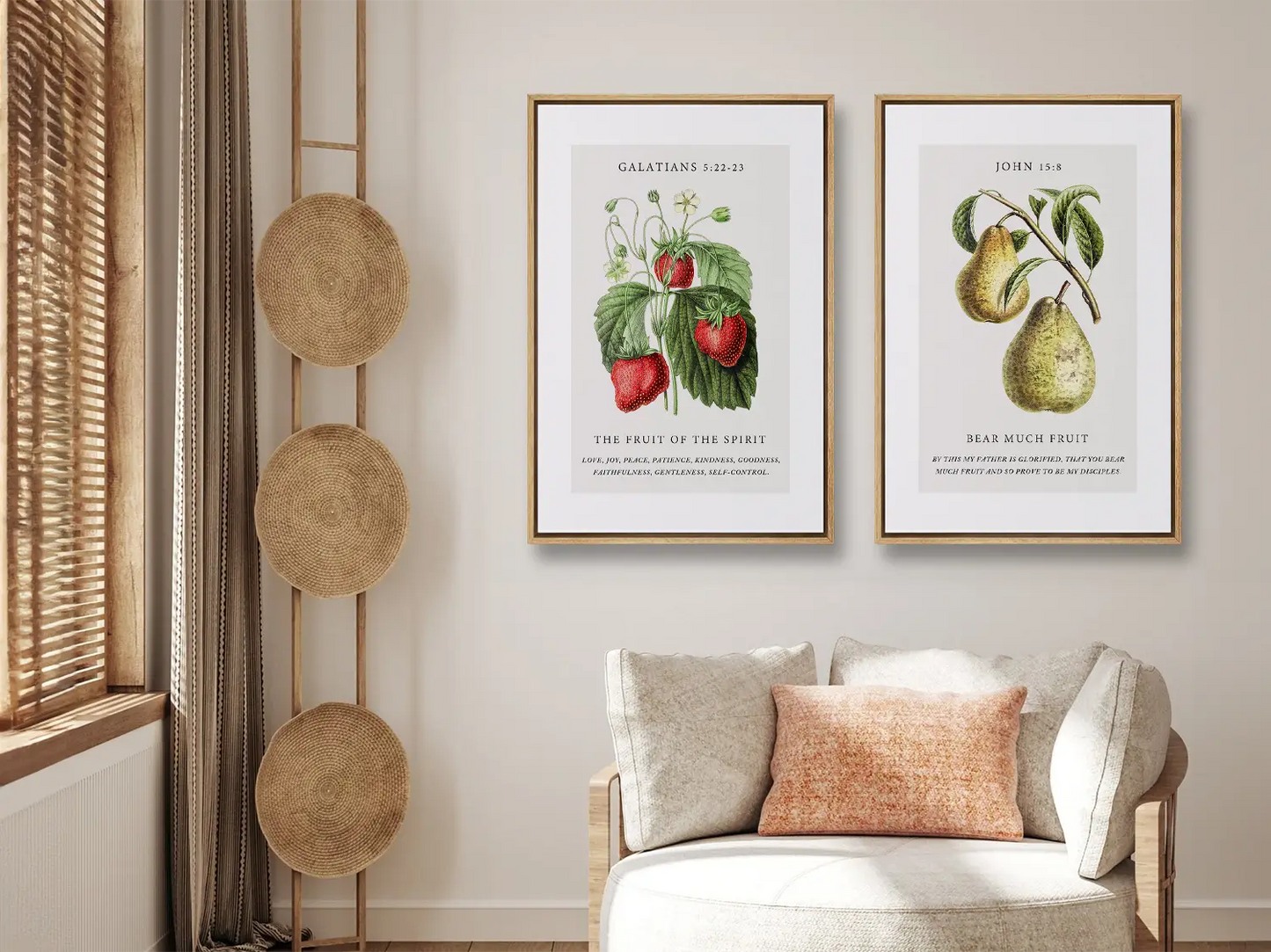 Decorate your home with this beautiful Christian wall art set. This collection of two framed botanical prints features detailed illustrations of fruit, paired with powerful verses on the Fruit of the Spirit and bearing spiritual fruit.