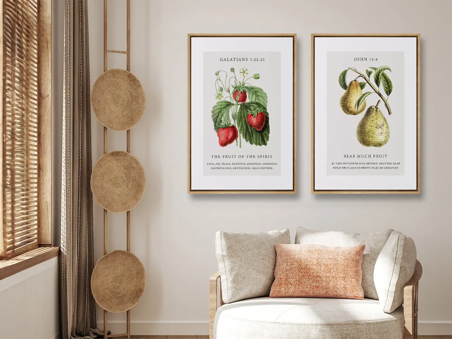 Decorate your home with this beautiful Christian wall art set. This collection of two framed botanical prints features detailed illustrations of fruit, paired with powerful verses on the Fruit of the Spirit and bearing spiritual fruit.