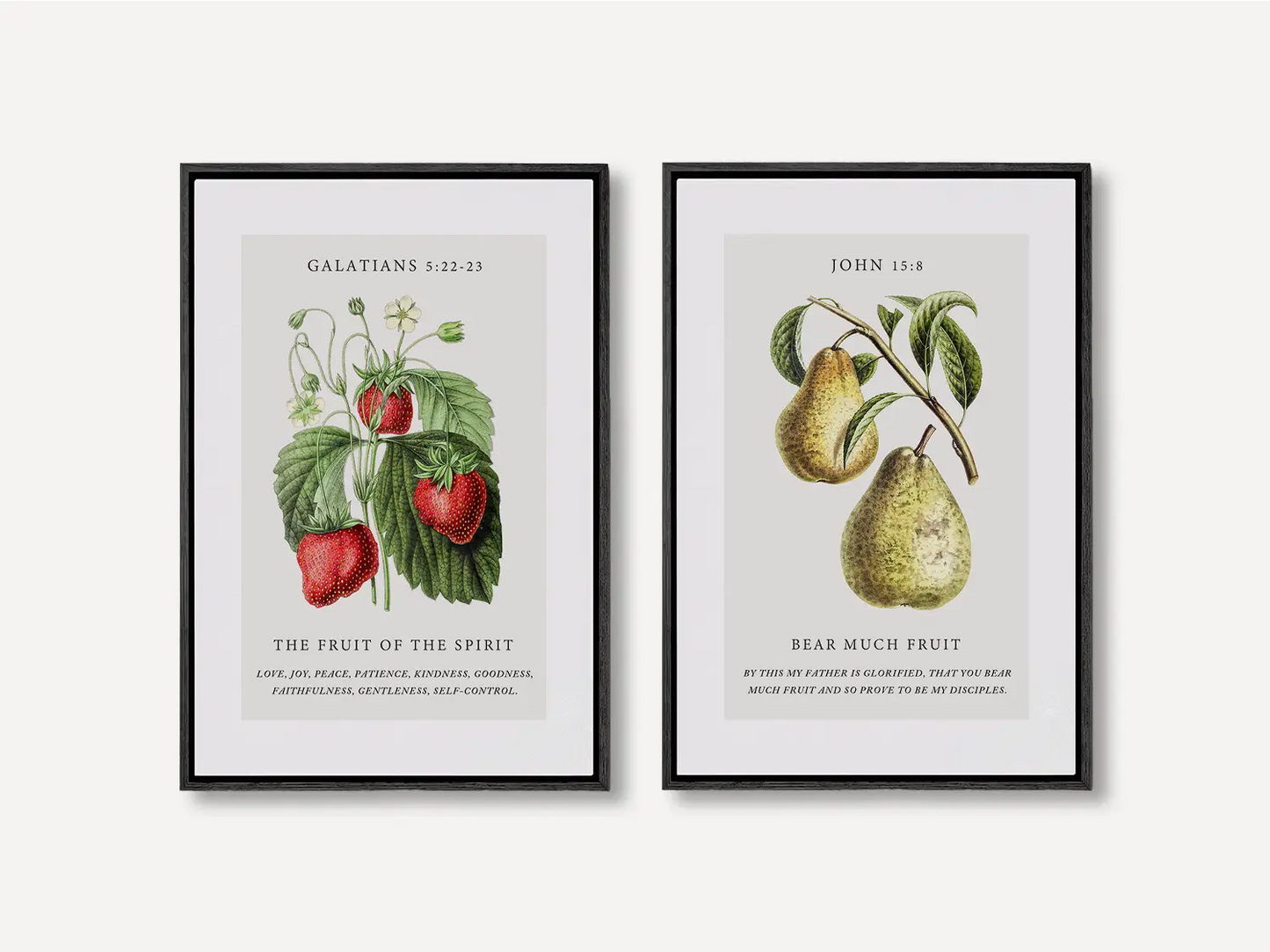 Decorate your home with this beautiful Christian wall art set. This collection of two framed botanical prints features detailed illustrations of fruit, paired with powerful verses on the Fruit of the Spirit and bearing spiritual fruit.